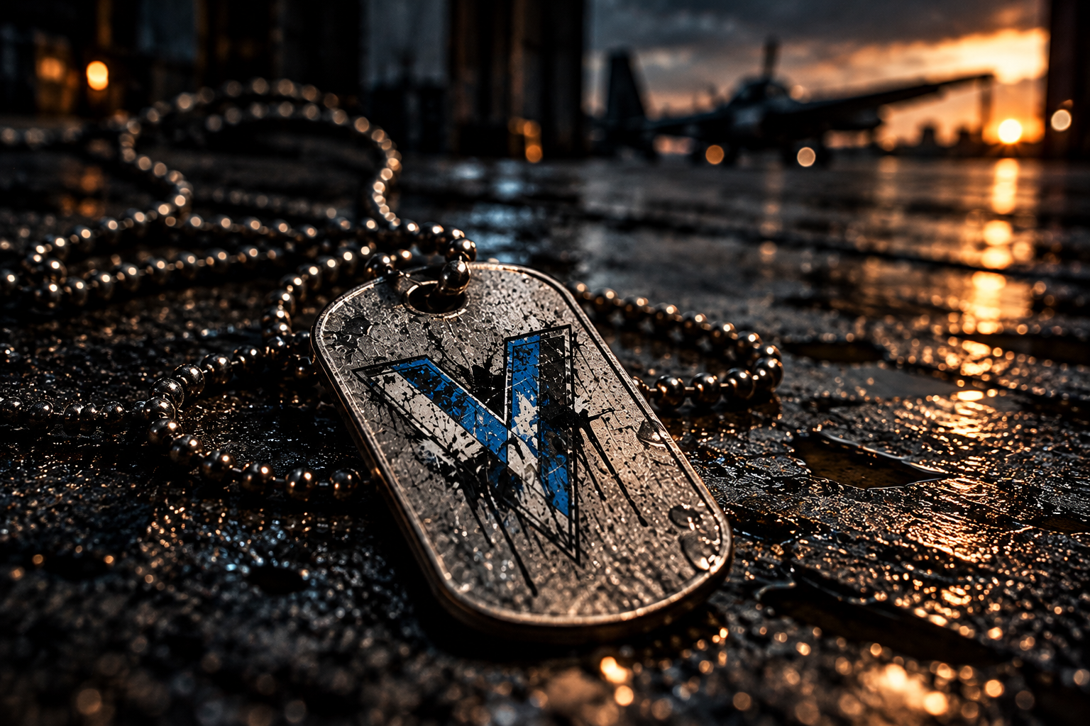 Weathered V dog tag on wet asphalt