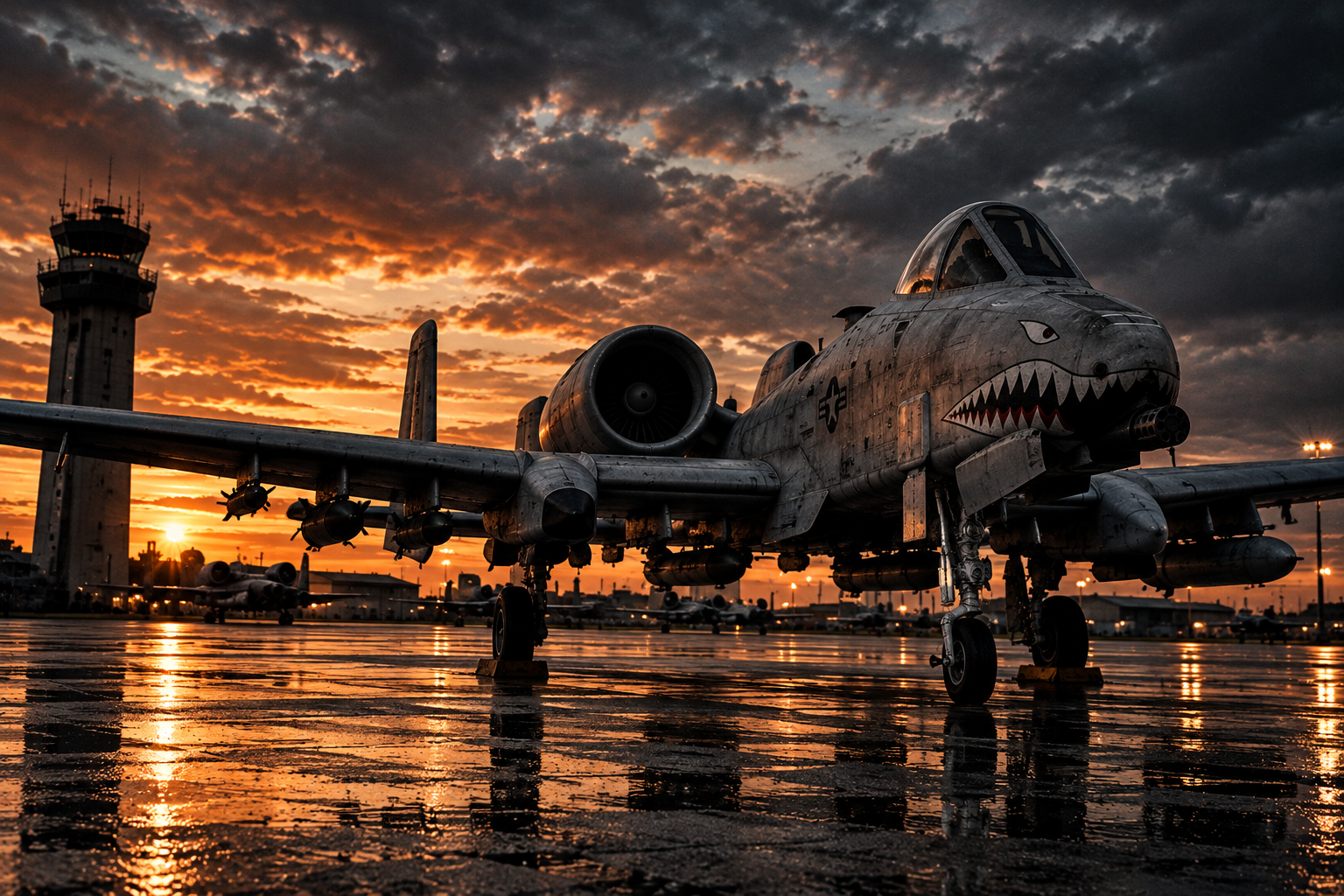 A-10 Thunderbolt II on a stormy runway